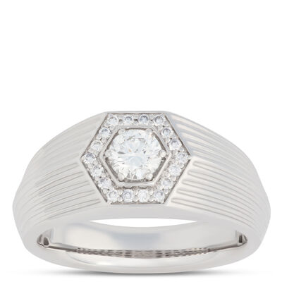 Hexagon Ring with Round Diamonds and Ribbed Shank, 0.66 Total Carat Weight, 18K White Gold