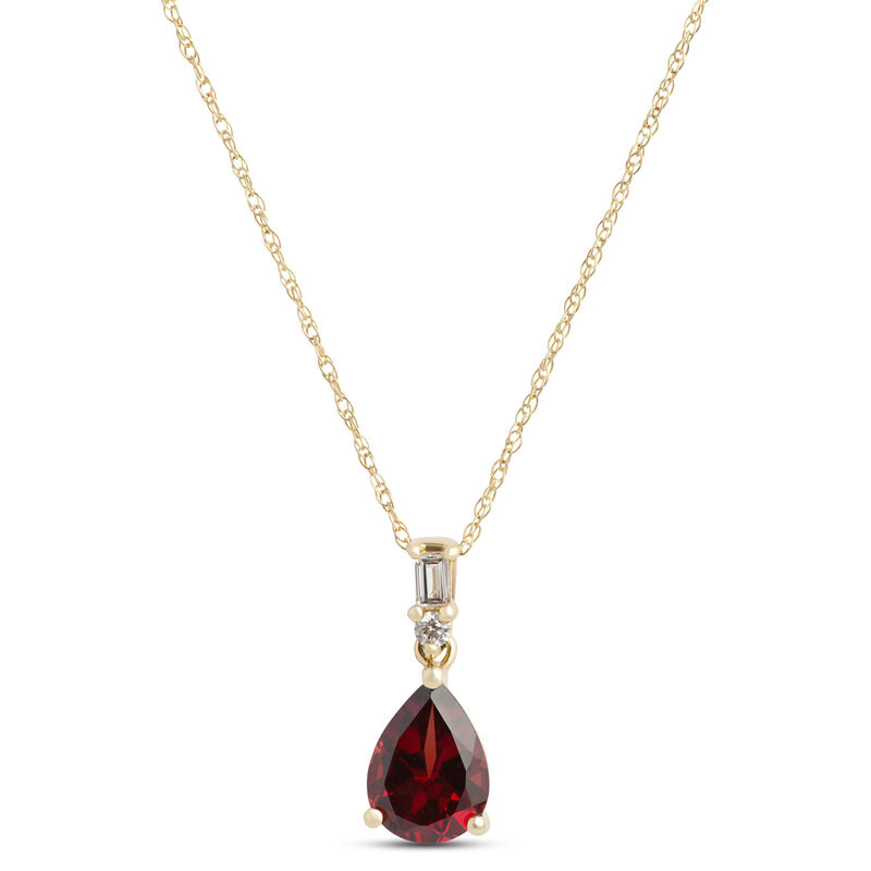 Pear Shaped Garnet Pendant Necklace with Diamond Accents, 1/10 Carat Total Weight, 14K Yellow Gold image number 0