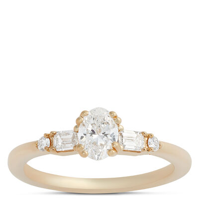 Oval, Emerald and Round Cut Diamond Engagement Ring, 14K Yellow Gold