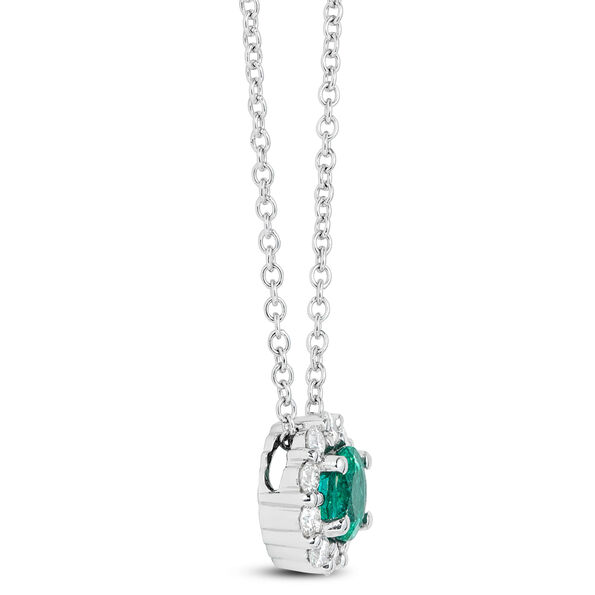 Round Cut Emerald Diamond Halo Necklace, 14K White Gold