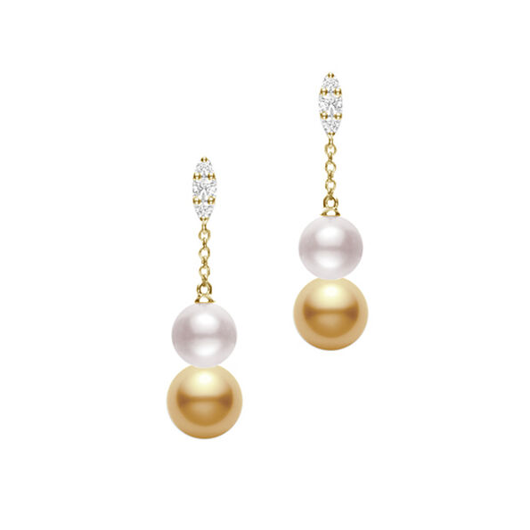 Mikimoto Morning Dew Akoya and Golden South Sea Cultured Pearl Earrings in 18K Yellow Gold with Diamond