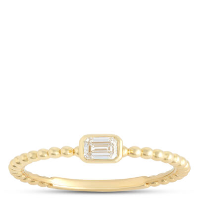 Emerald Cut Diamond Ring on Beaded Shank, ⅕ Carat Total Weight, 14K Yellow Gold