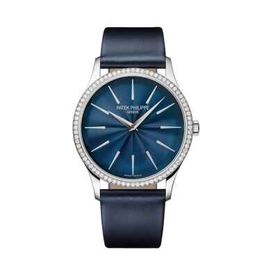 Patek Philippe Geneve Watch Blue Dial Blue Leather Strap, 35mm