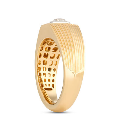 Hexagon Ring with Round Diamonds and Ribbed Shank, 0.66 Total Carat Weight, 18K Yellow Gold