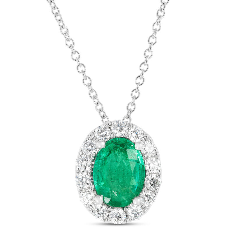 Oval Cut Emerald and Diamond Halo Pendant Necklace, 14K White Gold image number 0