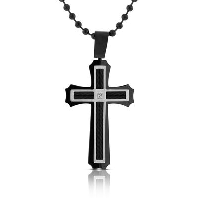 Men's Black Cross with Diamond Necklace in Stainless Steel