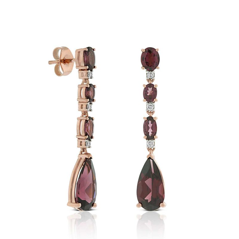 Rose Gold Rhodolite Garnet & Diamond Drop Earrings 14K image number 0