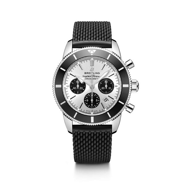 Breitling Superocean Heritage B01 Chronograph Watch Silver-Tone Dial Black Rubber Strap, 44mm