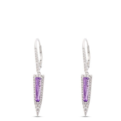 Amethyst and Diamond Drop Earrings, 14K White Gold