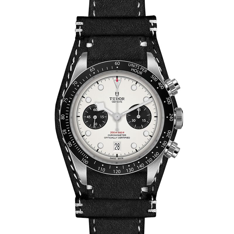 TUDOR Black Bay Chrono Watch Steel Case Opaline Dial Leather Strap  
