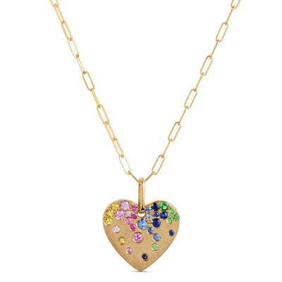 Heart Shaped Confetti Tsavorite and Sapphire Rainbow Pendant, 14K Yellow Gold