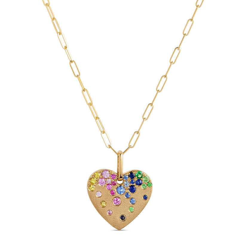 Heart Shaped Confetti Tsavorite and Sapphire Rainbow Pendant, 14K Yellow Gold image number 0