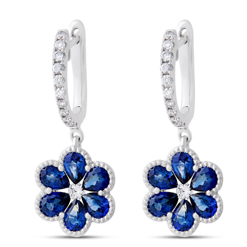 Flower Shaped Sapphire Earrings, 14K White Gold image number 0