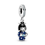 Pandora Japanese Doll in Blue Kimono Enamel & Crystal Dangle Charm