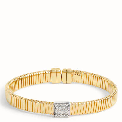 Toscano Flat Tubogas Cuff with Diamond Tips, 18K Yellow Gold