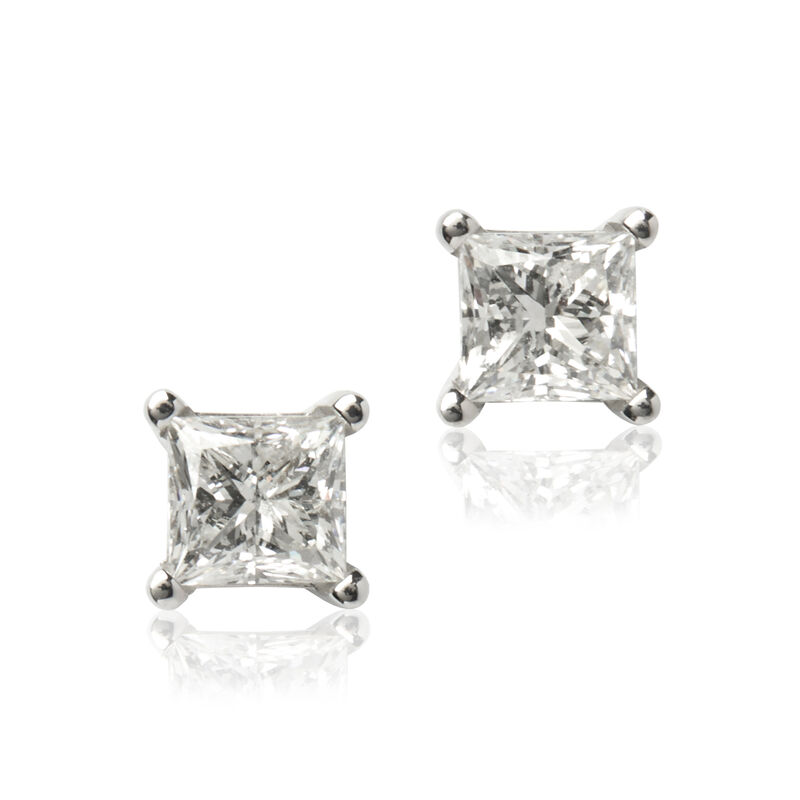 Princess Cut Diamond Studs, 14K White Gold image number 0