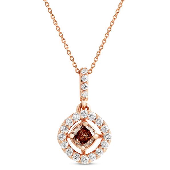 Cushion Cut Natural Brown Diamond Halo Necklace, 14K Rose Gold