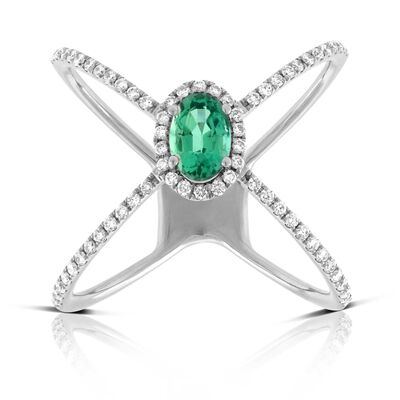 Emerald & Diamond Criss-Cross Ring 14K