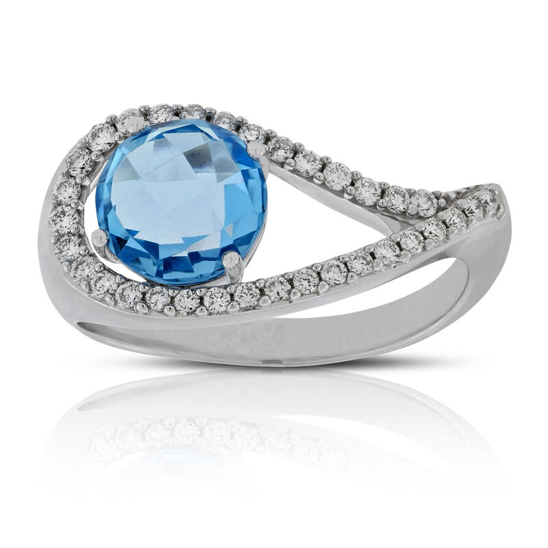 Blue Topaz & Diamond Swirl Ring 14K image number 1