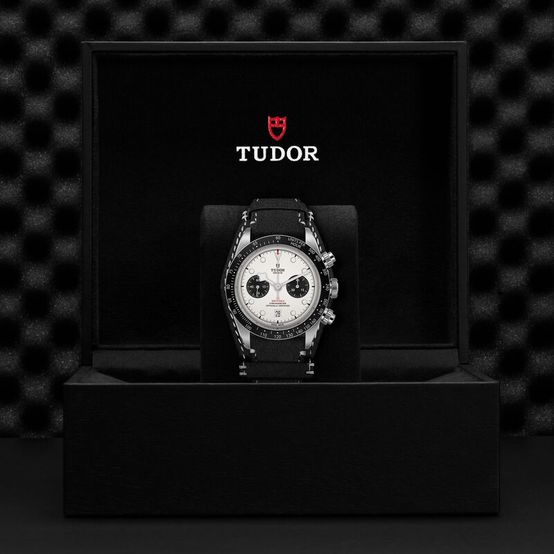 TUDOR Black Bay Chrono Watch Steel Case Opaline Dial Leather Strap 
