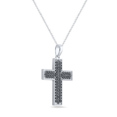 Edgy Black Diamond Cross Pendant Necklace, Sterling Silver