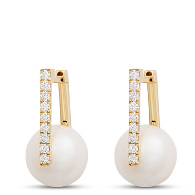 Cultured Pearl Hoop Earrings, 14K Yellow Gold