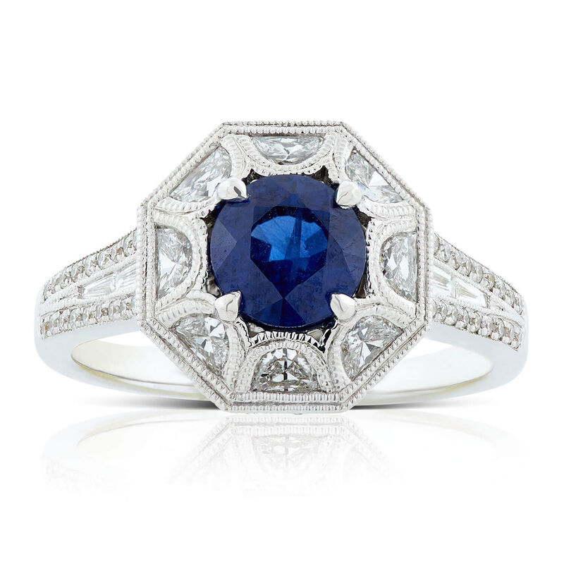 Sapphire & Half Moon Diamond Halo Ring 18K image number 0