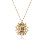 Emerald Cut Bicolor Sapphire & Diamond Sunburst Halo Necklace 14K
