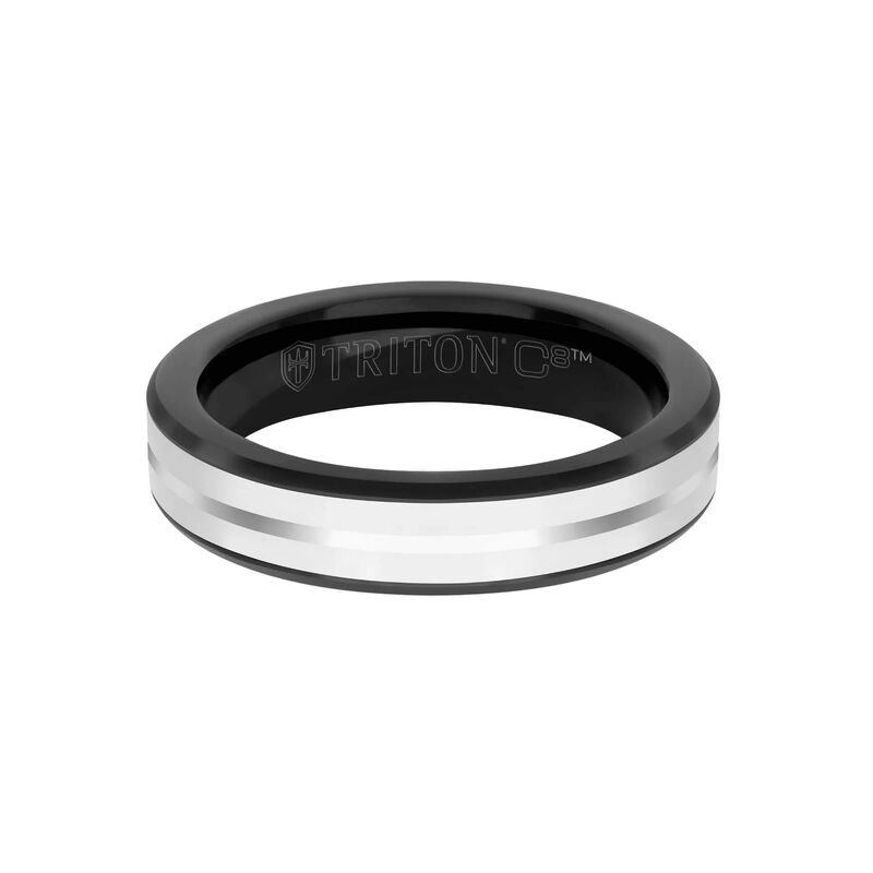TRITON White Ceramic Inlay with Silver-tone Center Line and Broken Edge Band in Black Tungsten Carbide, 5MM image number 1