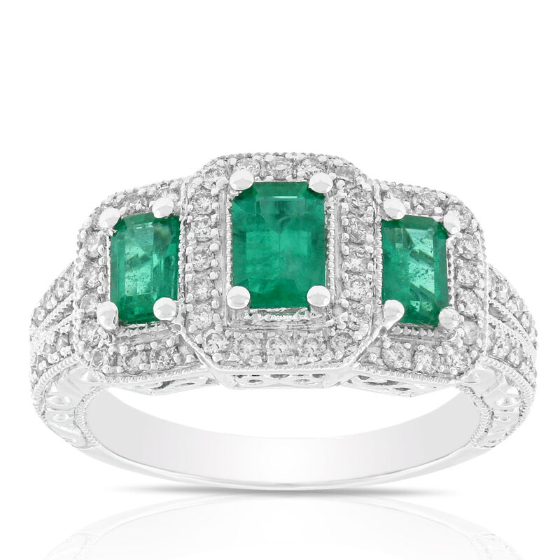 Emerald & Diamond 3-Stone Ring 14K image number 0
