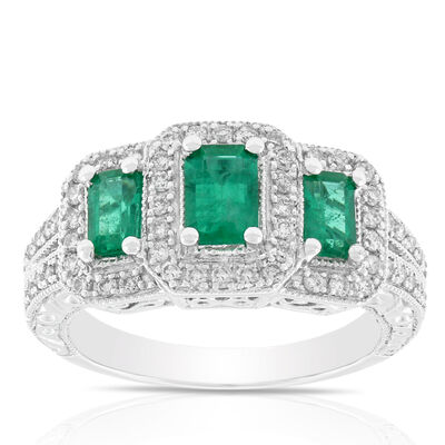 Emerald & Diamond 3-Stone Ring 14K
