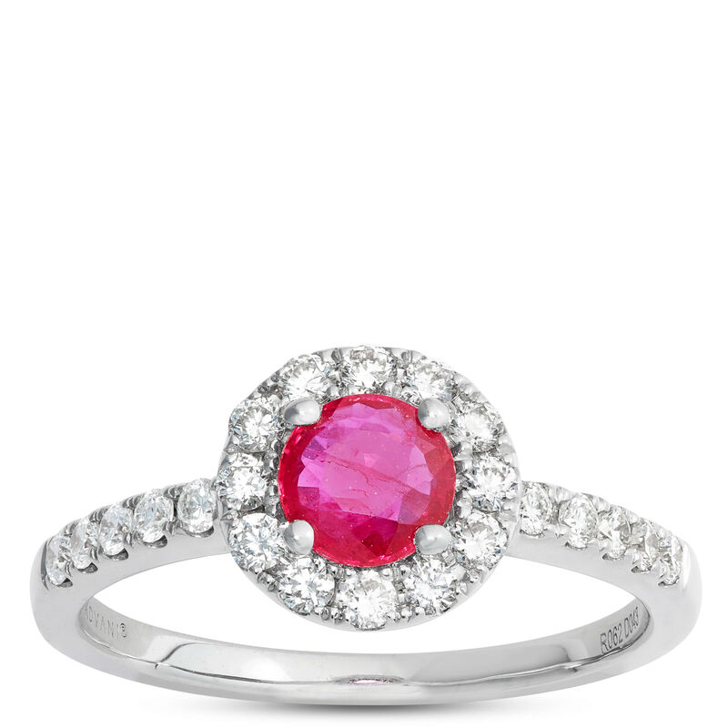 Round Cut Ruby Halo Ring, 14K White Gold image number 0