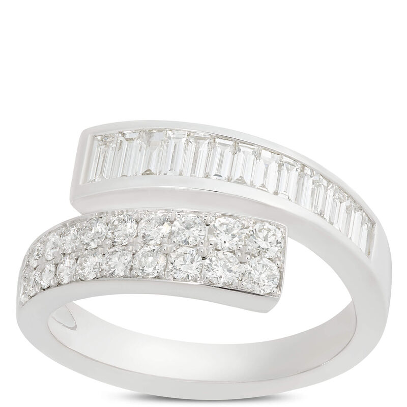Baguette and Round Cut Diamond Bypass Ring, 14K White Gold image number 0