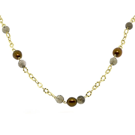 Smoky Quartz & Dyed Freshwater Cultured Pearl Necklace 14K