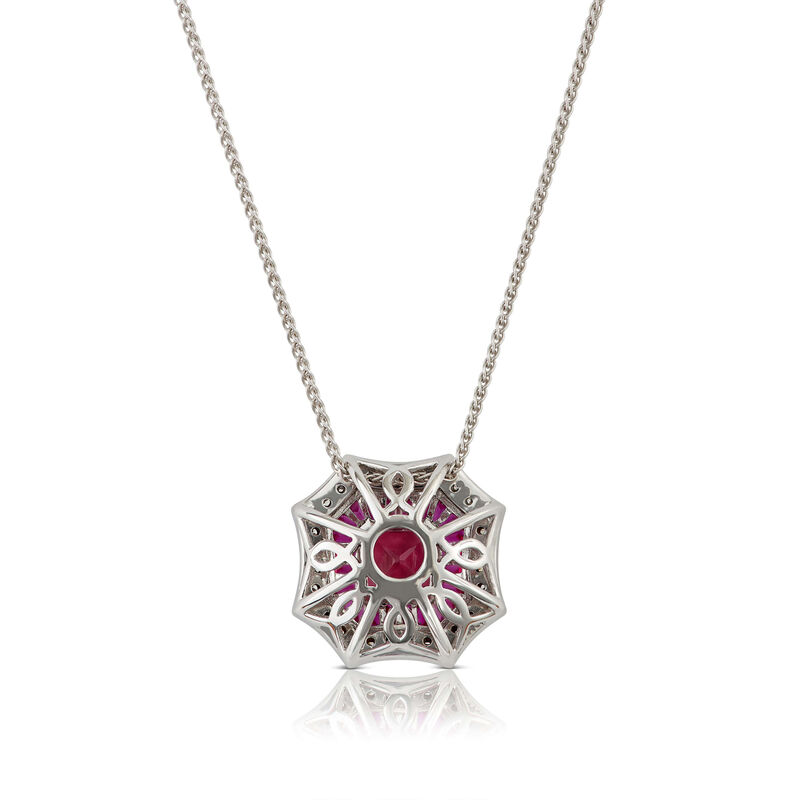 Square Pink Tourmaline, Baguette Ruby & Diamond Halo Necklace 14K image number 2