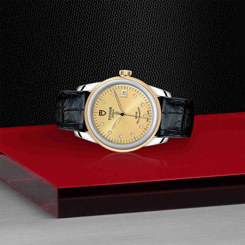 TUDOR Glamour Date Watch Champagne Dial Black Leather Strap, 36mm image number 2