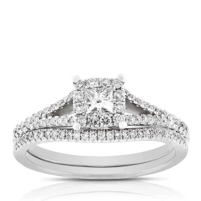 Princess Cut Halo Diamond Bridal Set 14K image number 0