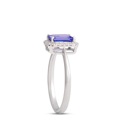 Emerald Cut Tanzanite Ring with Diamond Halo, 14K White Gold