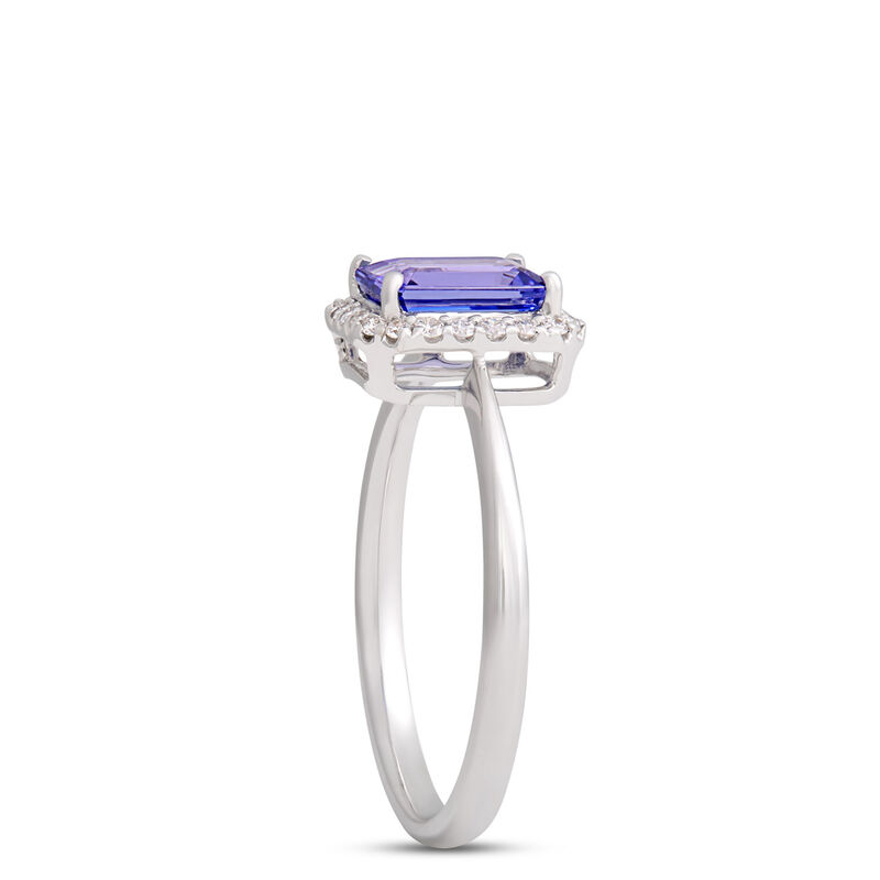 Emerald Cut Tanzanite Ring with Diamond Halo, 14K White Gold image number 1