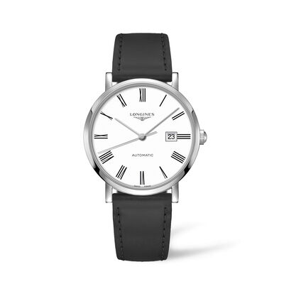 Longines Elegant Collection Watch White Dial Black Strap, 41mm