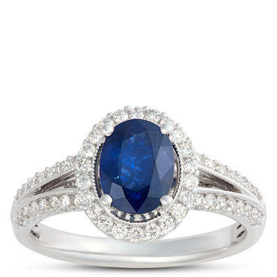 Oval Sapphire and Diamond Halo Ring, 14K White Gold