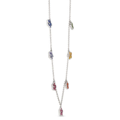 Multi-Colored Sapphire Floral Station Necklace, 14K White Gold