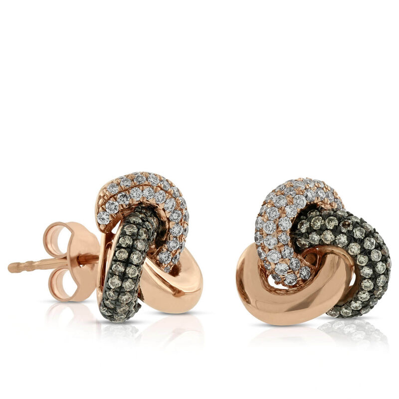 Rose Gold Brown & White Diamond Knot Earrings 14K image number 1