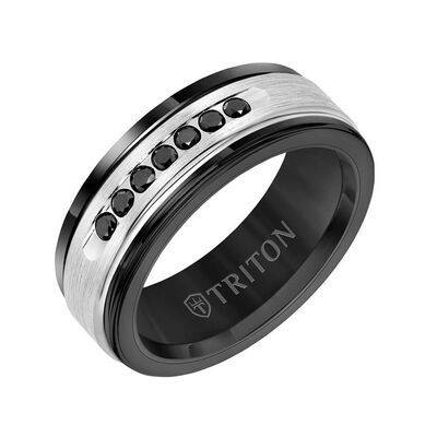 TRITON Stone Custom Contemporary Comfort Fit Black Diamond Band in Black Tungsten & 14K, 8 mm