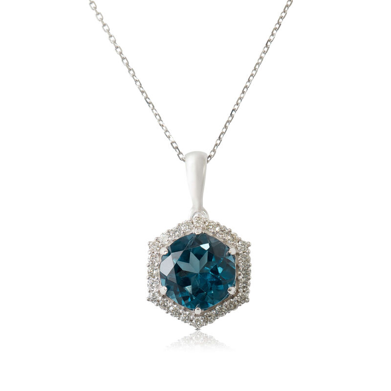 Blue Topaz & Diamond Hexagon Halo Necklace 14K image number 1