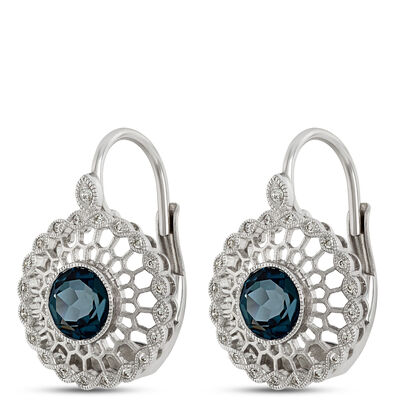 Classic Round Blue Topaz Web Earring, 14K White Gold