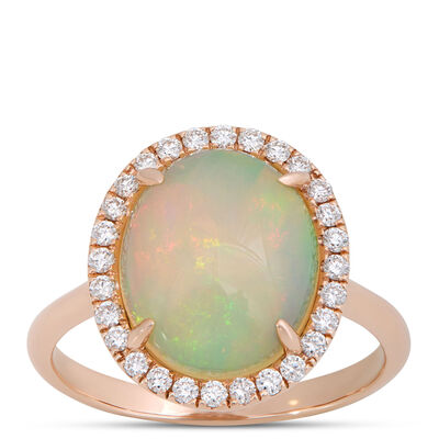 Oval Opal and Round Diamond Halo Ring, 14K Yellow Gold