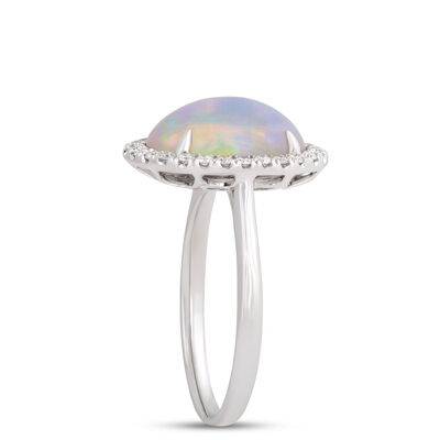 Oval Opal Ring with Diamond Halo, 14K White Gold