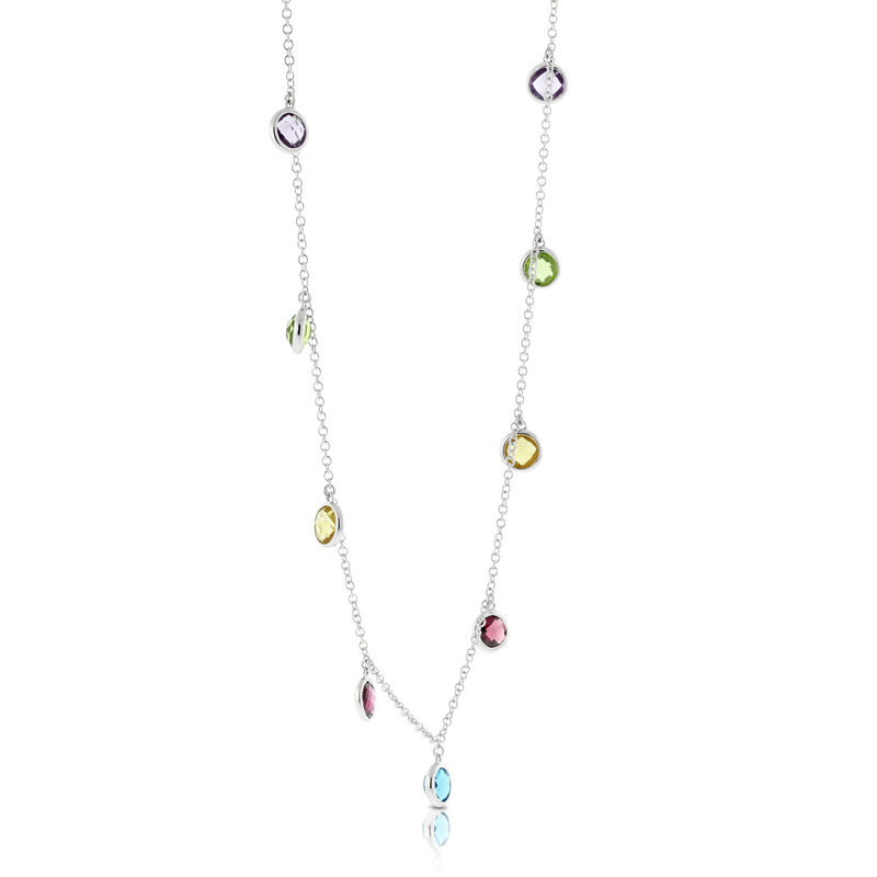 Bezel Set Rainbow Gemstone Dangle Necklace 14K