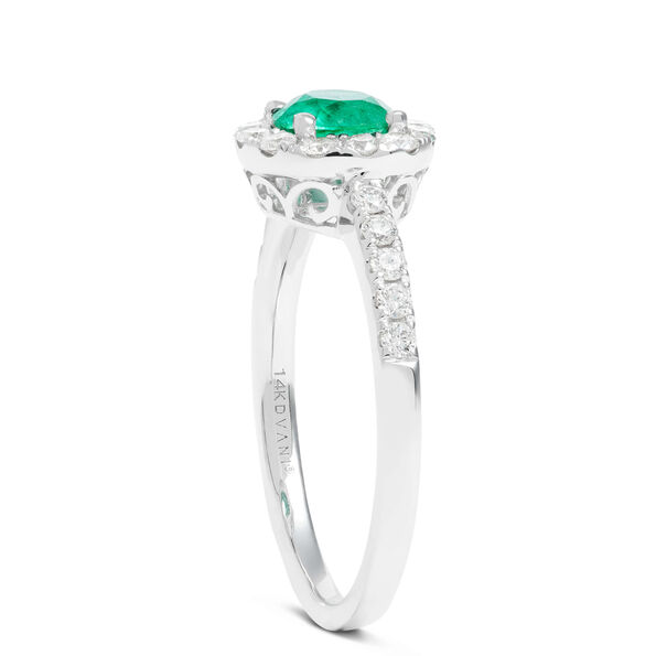 Round Cut Emerald Halo Ring, 14K White Gold